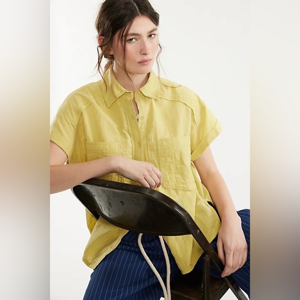 Free People Pale Yellow Short Sleeve Button Down Shirt - Picture 3 of 13
